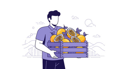 A Person Carrying a Wooden Crate Filled with Freshly Harvested Oranges Illustration
