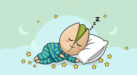 A Sleeping Pistachio Nut Cartoon Character Dreaming Among The Stars For Comfort