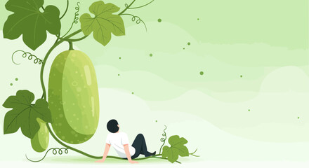 A Person Contemplating a Large Green Gourd in a Serene and Peaceful Setting