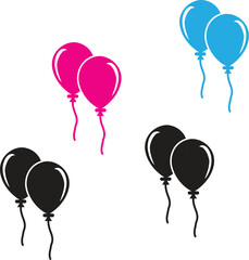 Colorful balloon icon set featuring pairs of blue, pink, and black balloons. Perfect for party, celebration, birthday, or festive decoration designs.