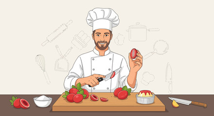 A Smiling Chef Preparing Fresh Ingredients For A Delicious Dish in The Kitchen