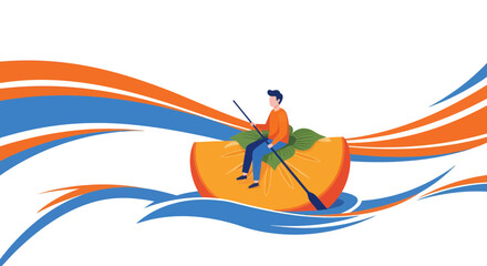 A Person Drifting On A Citrus Boat With Abstract Fluid Lines And Dynamic Forms