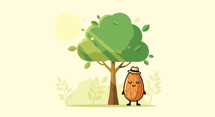 A Smiling Almond Character Standing Under a Shaded Tree With Sunshine Rays