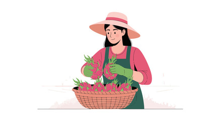 A Smiling Farmer Harvesting Fresh Dragon Fruits in Basket for Health and Nutrition