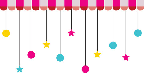 Colorful hanging decorations with stars and balls under a striped canopy design. Perfect for party invitations, festive borders, celebration backgrounds, or event graphics.