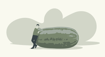 A Person Leaning Against A Gigantic Watermelon In Monochrome Illustration