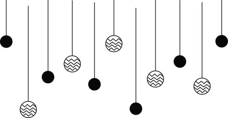 Minimalist hanging ornaments vector with black and patterned balls suspended on strings. Perfect for holiday, festive, or decorative designs.