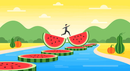 A Person Leapfrogging Across Watermelon Slices in a Playful Summer Scene