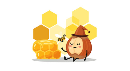 A Sweet Scene Featuring A Nut, Honey, And A Friendly Bee Composition