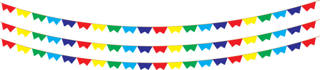Colorful party flag bunting garlands in red, yellow, green, blue, and purple. Perfect for festival, celebration, or birthday decoration designs.
