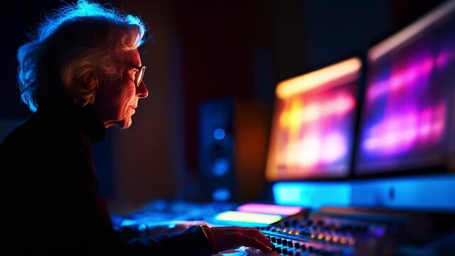 An expert audio engineer adjusting sound levels in a music studio, immersed in the art of mixing and mastering, showcasing a blend of technology and creativity under vibrant lighting.
