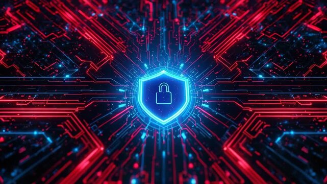 Digital Fortress: A vibrant, neon-lit illustration of a digital shield, representing robust cybersecurity. Emphasizing the significance of digital security and data protection. 