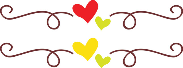 Elegant decorative heart divider design featuring red, yellow, and green hearts with stylish brown swirls. Perfect for romantic invitations, greeting cards, and digital artwork accents.