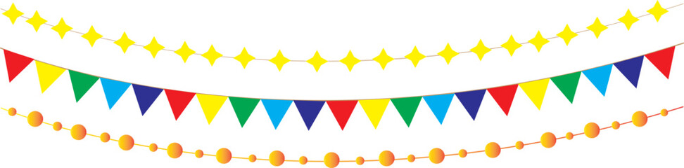 Colorful party flag bunting garlands in red, yellow, green, blue, and purple.