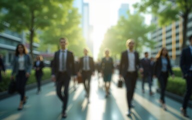The concept of sustainability in business centers, crowds of business people walking at a corporate office in a green city downtown, abstract motion blur image with blurred background, generative AI