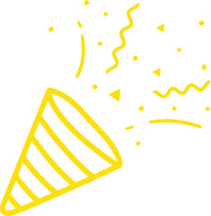 A hand-drawn, yellow-line-art illustration of a confetti popper shooting out celebratory confetti, streamers, and small particles.