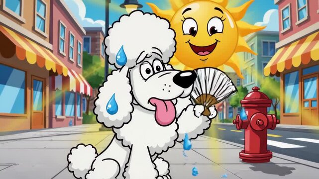 Cartoon poodle enjoying sunshine on a city street with smiling sun