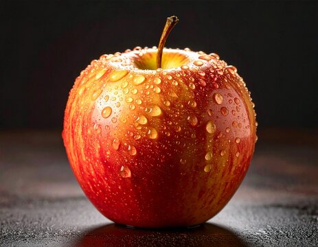 A perfect single ripe red apple covered in fresh morning dew drops, reflecting light on a dark, textured background
