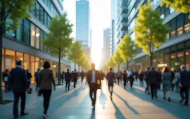 Sustainability in business center concept, business people crowd walking at corporate office in green city downtown, Abstract motion blur image, blurred background, Generative AI. High quality