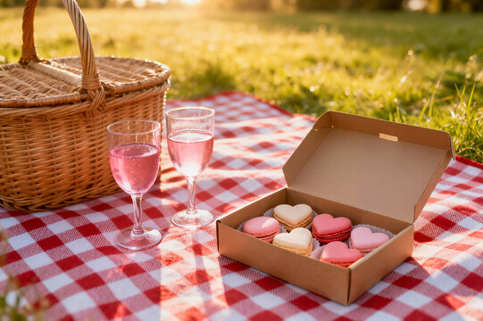 A box of heart-shaped macarons and two glasses of ros�� wine sit on a red checkered blanket next to a picnic basket during a romantic sunset outing.