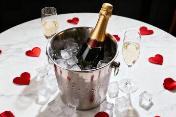 A bottle of sparkling champagne chills in a bucket of ice on a white marble table, flanked by two glasses and scattered with red hearts for a celebration or romantic occasion.