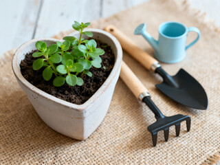 A small green succulent plant thrives in a heart-shaped clay pot, displayed next to a miniature rake, trowel, and watering can on a rustic burlap surface.