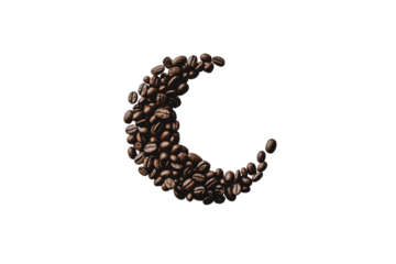 Crescent moon made of coffee beans isolated on transparent background, creating a visually appealing and aromatic symbol for coffee lovers and enthusiasts alike