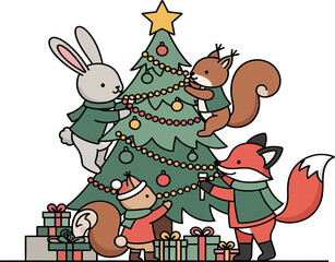 Cute Forest Animals Decorating Christmas Tree with Ornaments and Gifts Vector Illustration
