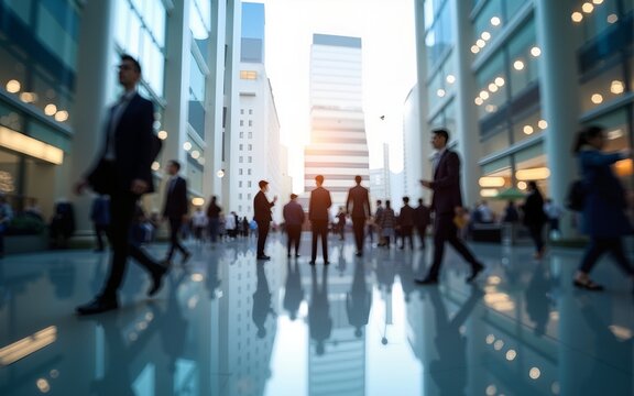 abstract motion blur image of business people crowd walking at corporate office in city downtown, business marketing, blurred background, business finance center concept. High quality. High quality