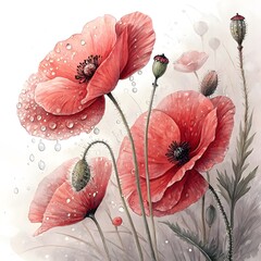 Dreamy Red Poppies Close Up Watercolor Dew Drops