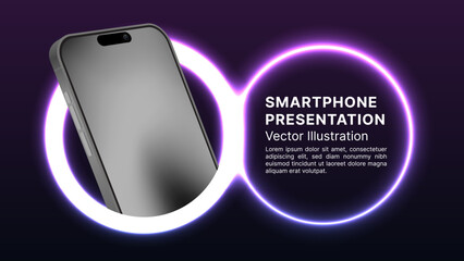 3D Realistic Smartphone Mockup with Neon Glow Rings – Futuristic Mobile Phone Vector Illustration for Technology, App, Banner, Leaflet, Cover, and Website Design