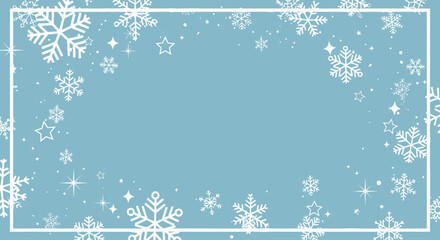 Sparkling white snowflakes and stars forming a festive frame on a tranquil light blue background, ideal for winter holiday designs and greeting cards