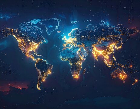 Illuminated digital world map with vibrant city lights, contrasting against a dark space background with nebulas - Powered by Adobe