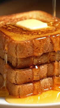 vertical video syrup dripping over stack of golden french toast