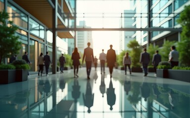 Sustainability in business center concept, business people crowd walking at corporate office in green city downtown, Abstract motion blur image, blurred background, Generative AI. High quality