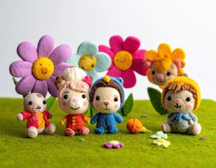 Naklejka premium Felt characters with colorful flowers