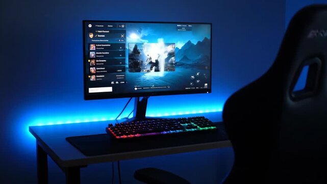 Computer monitor with blue ambient lighting and keyboard on desk