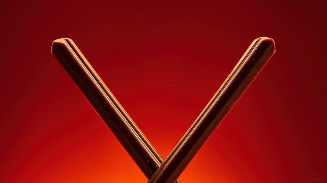 Minimalist macro shot of two chocolate Pepero sticks crossing in a V shape on red background, bold lighting and texture detail for Pepero Day advertising or abstract food art