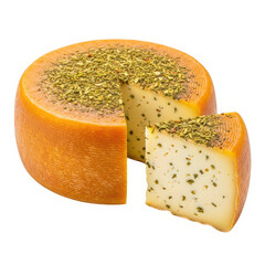 A wheel of herb cheese with a slice cut out isolated on transparent background