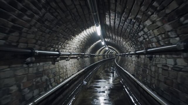 detailed 4k video aged underground tunnel arched stone walls dim lights metal pipes running one side creating cinematic mysterious mood perfect historical exploration suspenseful scene transitions