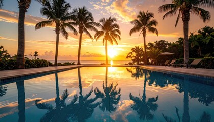 Serene tropical resort swimming pool at sunset with palm trees reflecting in the calm water and golden sunlight illuminating the sky above the ocean horizon creating a peaceful ambiance