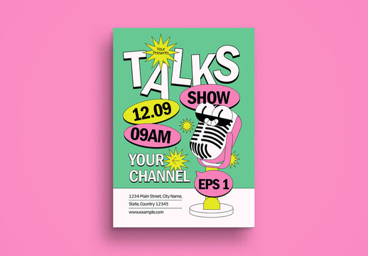 Green Pink Retro Cartoon Talk Show Flyer Layout