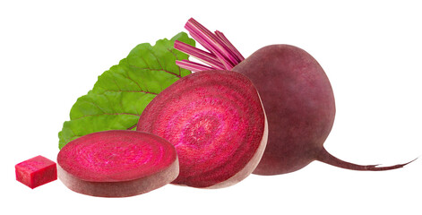 still life photograph featuring a whole, dark purple beetroot, two thick cross-section slices, and a fresh green leaf, isolated on a transparent background.