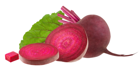 still life photograph featuring a whole, dark purple beetroot, two thick cross-section slices, and a fresh green leaf, isolated on a transparent background.