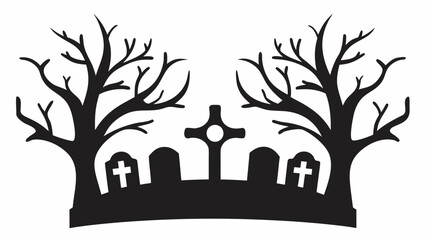 Eerie graveyard silhouette with bare trees and tombstones, perfect for Halloween decorations and spooky season designs, a chilling graphic resource