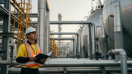 Engineer in hard hat and safety vest inspecting industrial plant - Powered by Adobe