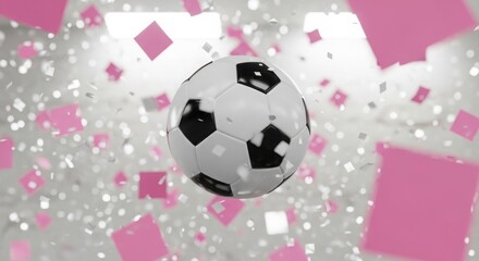 Fototapeta premium Soccer ball surrounded by festive pink confetti