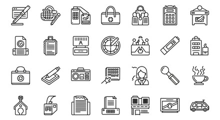 Collection of black and white line icons representing diverse office related activities