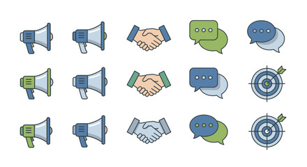 Collection of business communication icon elements in a flat design style representation