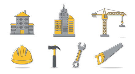 Construction Site Icons Vector Illustration featuring Buildings and Equipment